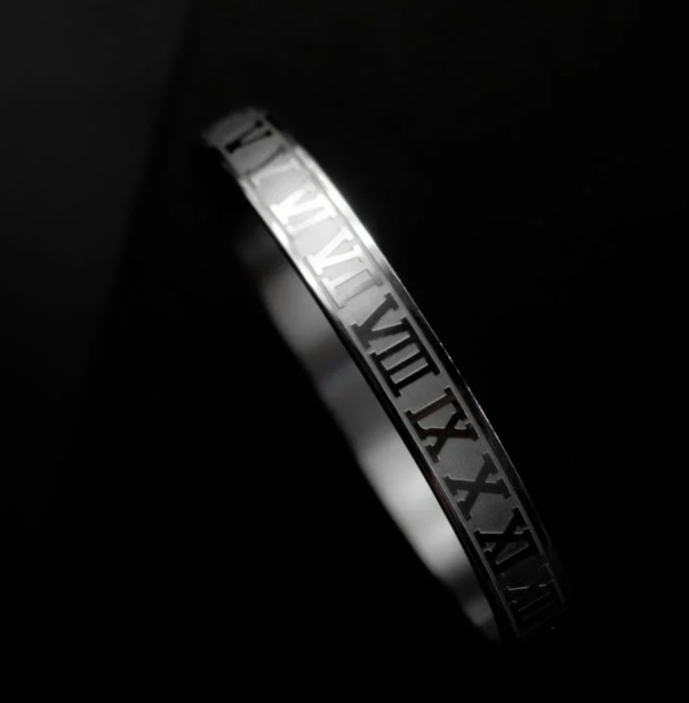 Royal Roman Numeral Black Kara Bracelet Men Punk Bracelet Stainless Steel.